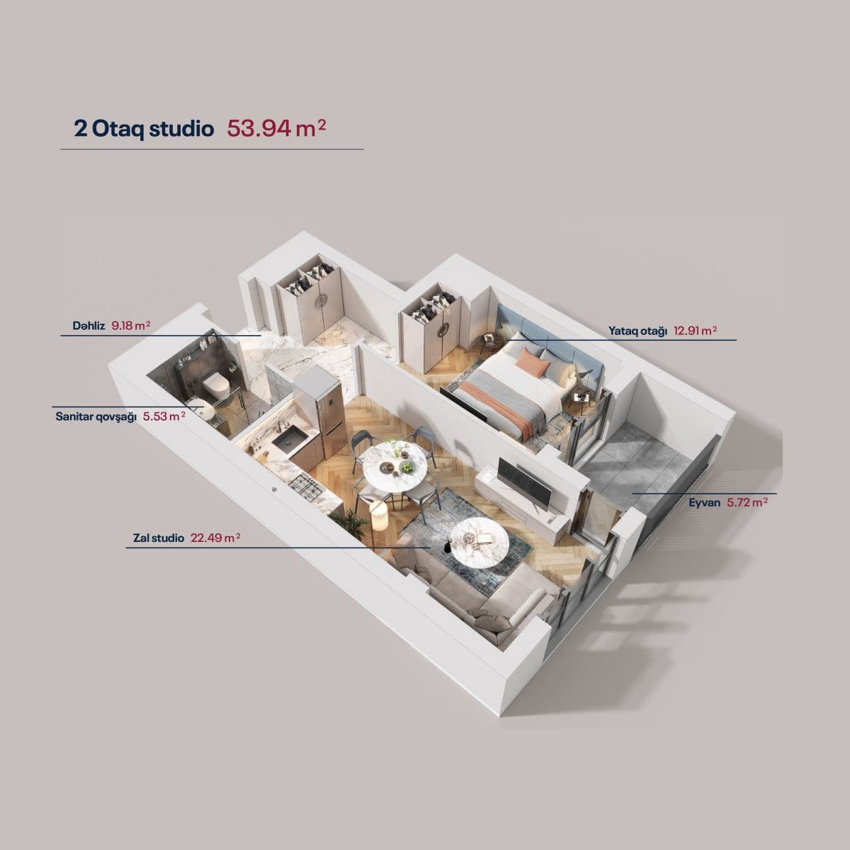 53.94 kvm, 2 otaqlı mənzil