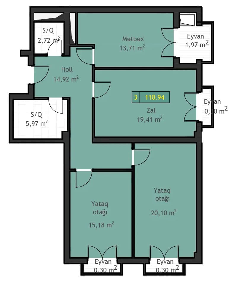 3 otaq, 110.94 kv.m. - 2