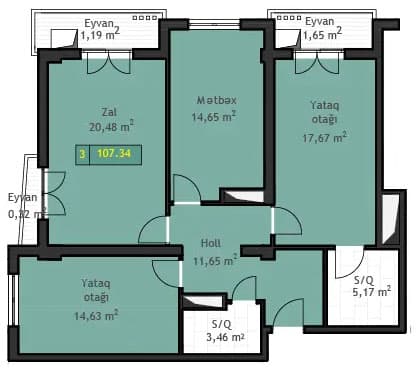 3 otaq, 107.34 kv.m. - 2