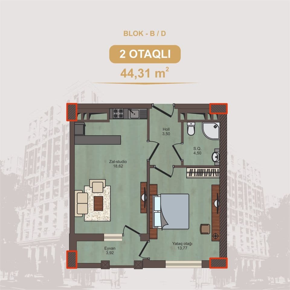 5 Ulduz 2 rooms 44,31 sqm