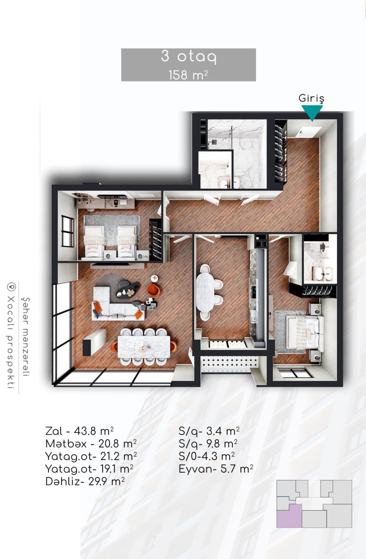 Khatai Residence 3 rooms, 158 sq.m.