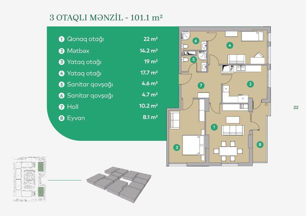 3 rooms 101.10 sq.m. - 2