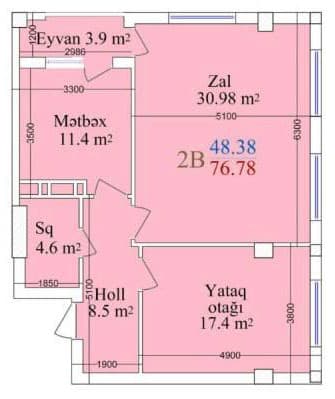 2 rooms, 76.78 sq.m. - 2