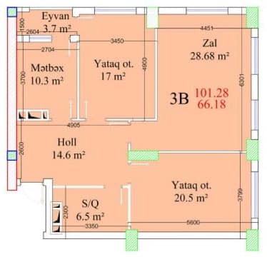 3 rooms, 101.28 sq.m. - 1