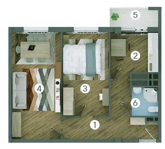 2 rooms, 59.87 sq.m.