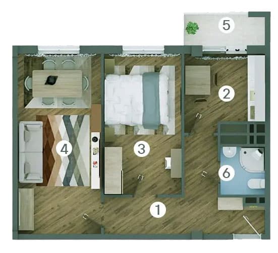 2 rooms, 60.74 sq.m.