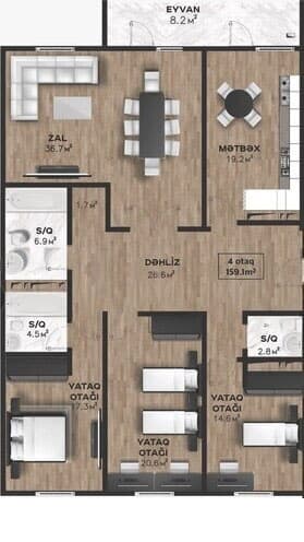 159.10 kvm, 4 otaqlı mənzil
