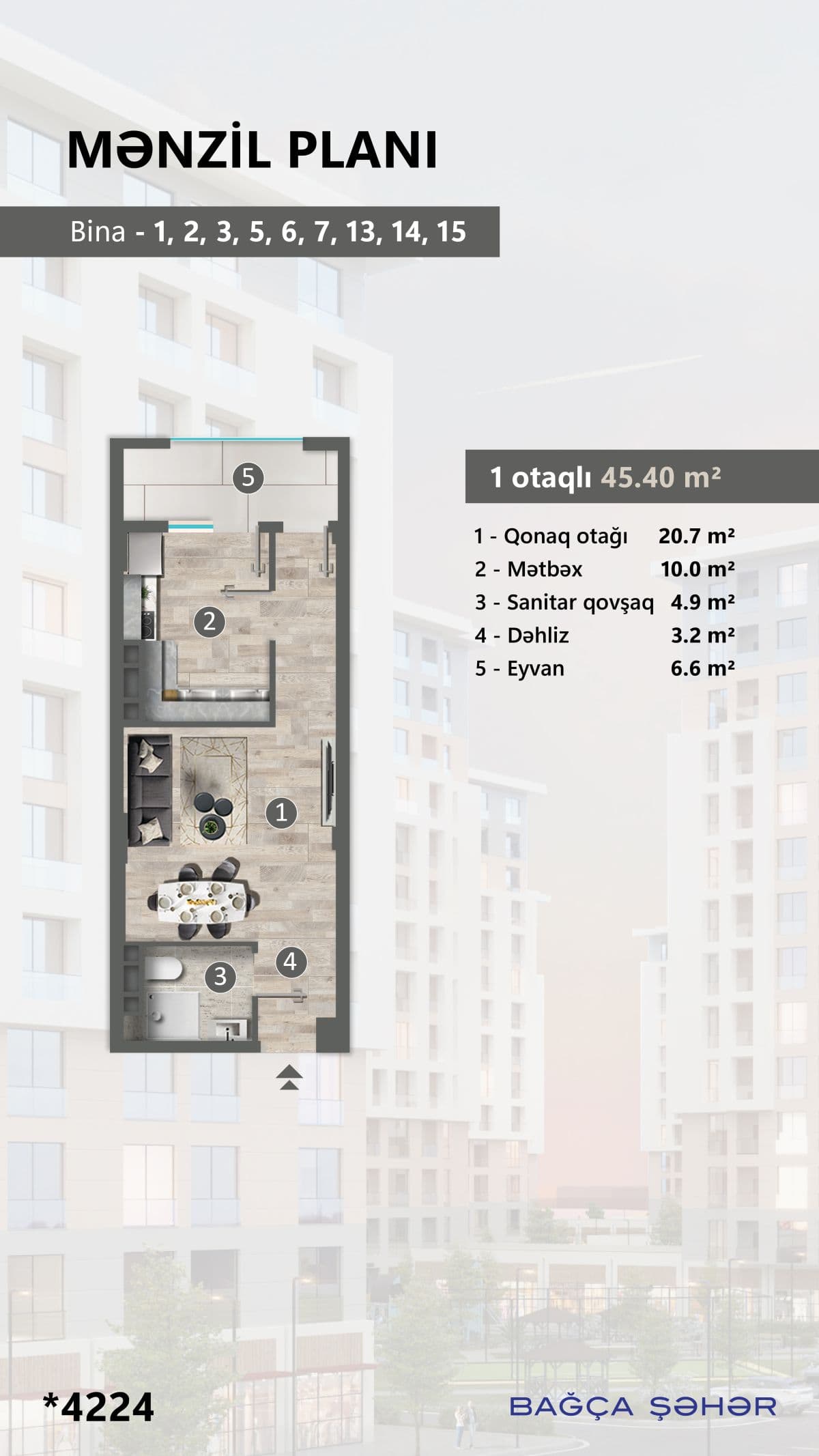 45.4 kvm, 1 otaqlı mənzil - 2