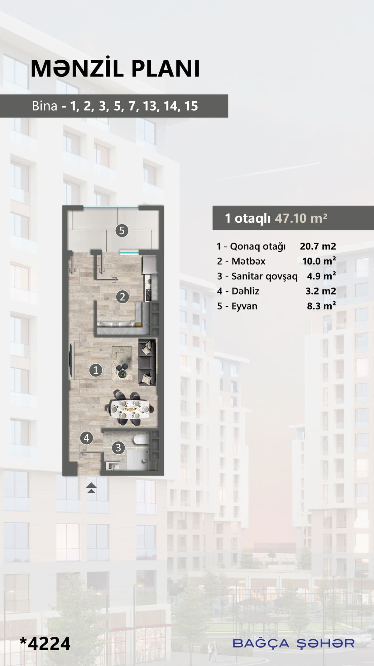 47.1 kvm, 1 otaqlı mənzil