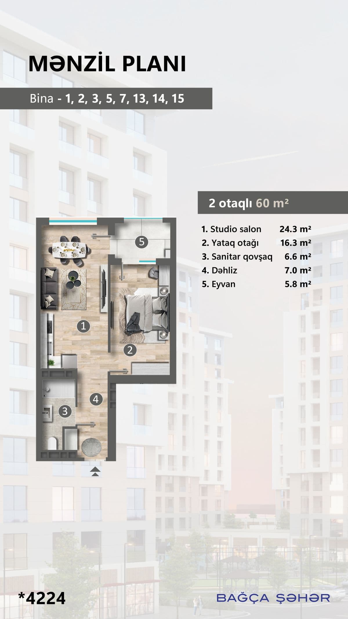 60 kvm, 2 otaqlı mənzil