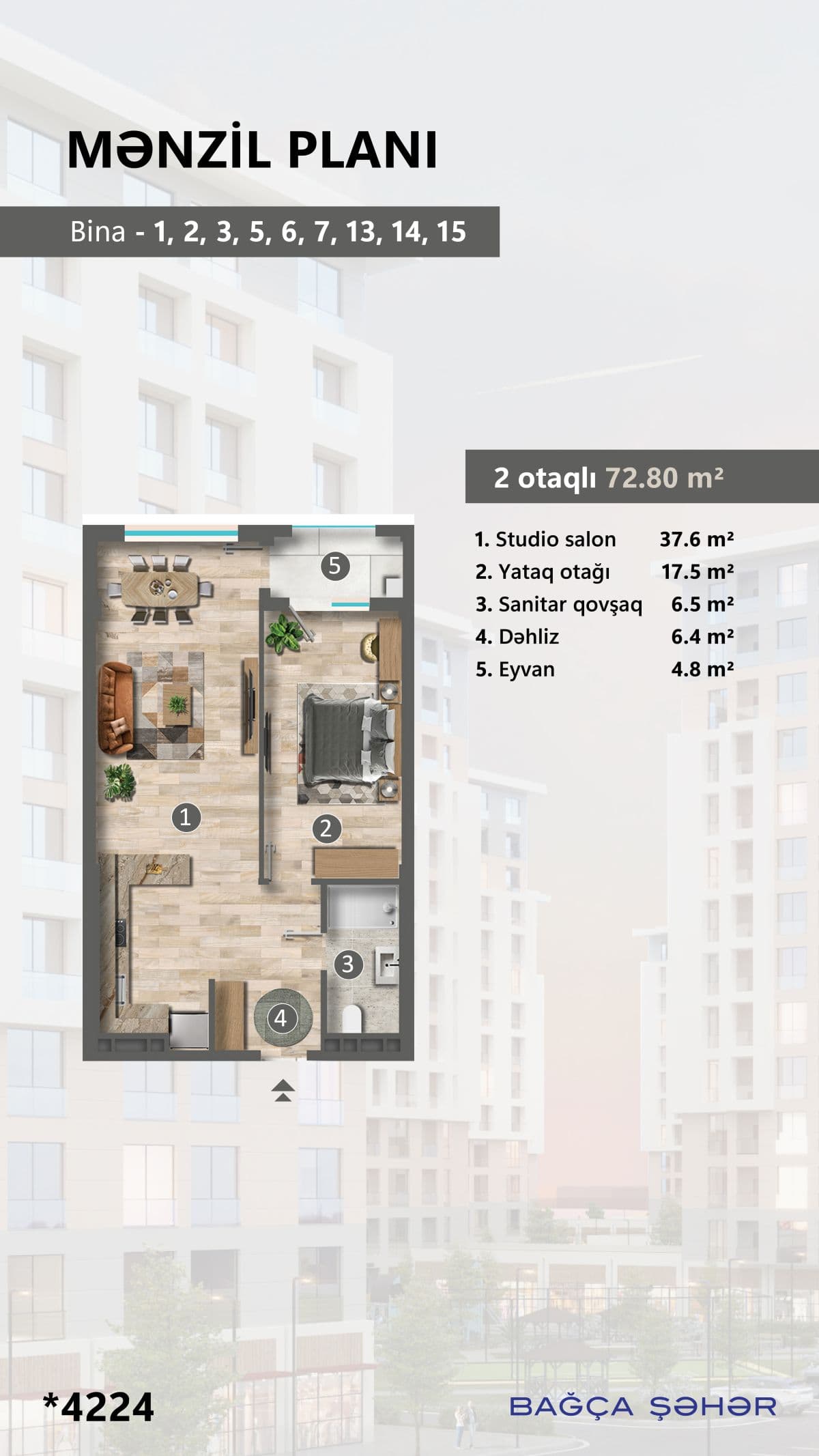 72.8 kvm, 2 otaqlı mənzil - 2
