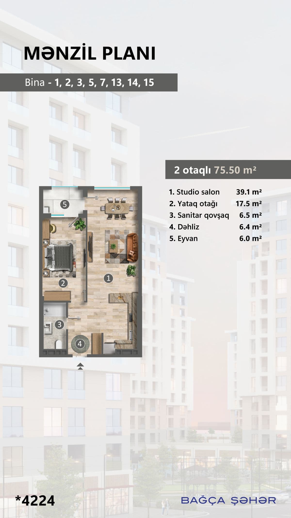 75.5 kvm, 2 otaqlı mənzil - 2