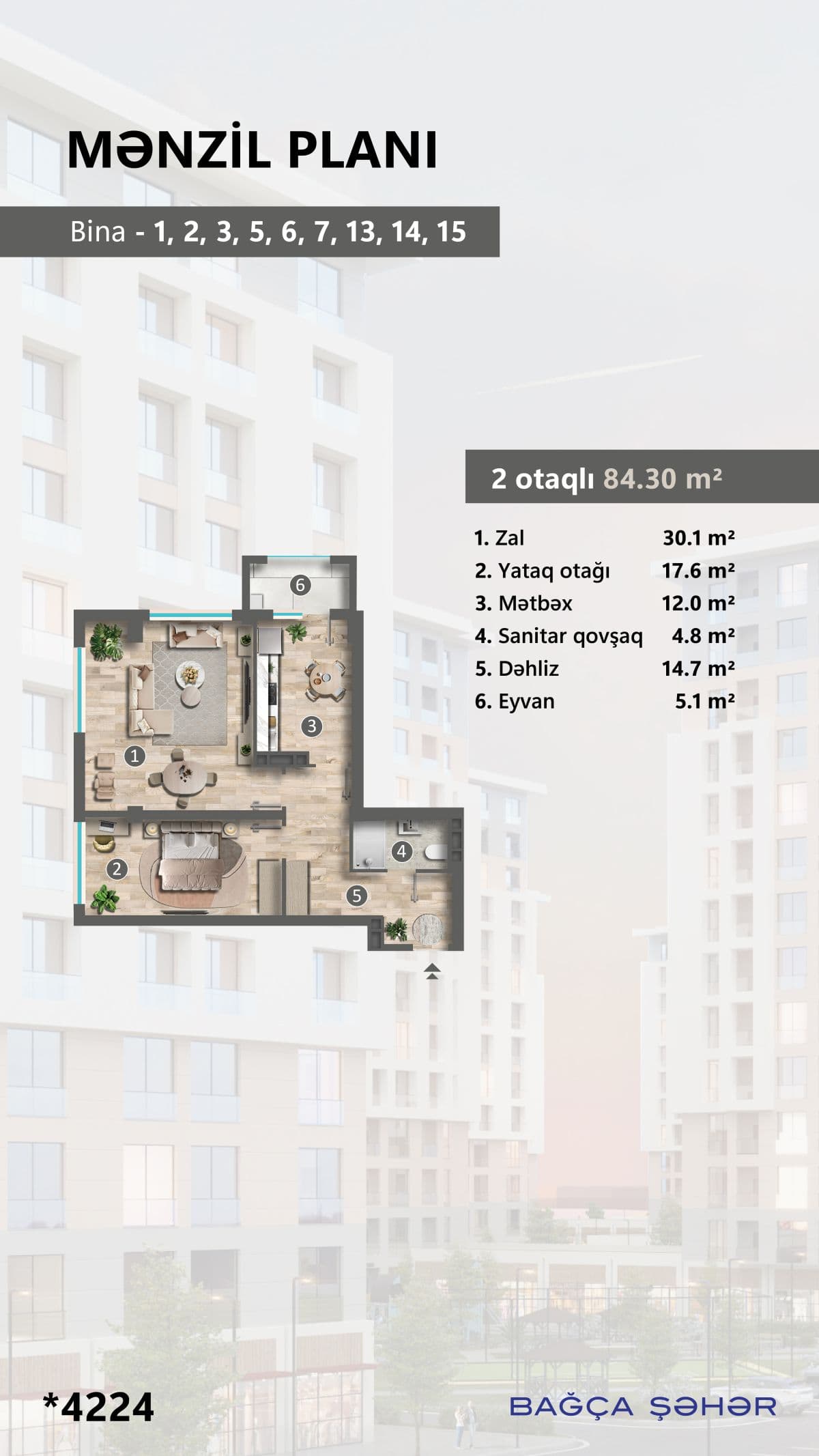 84.3 kvm, 2 otaqlı mənzil
