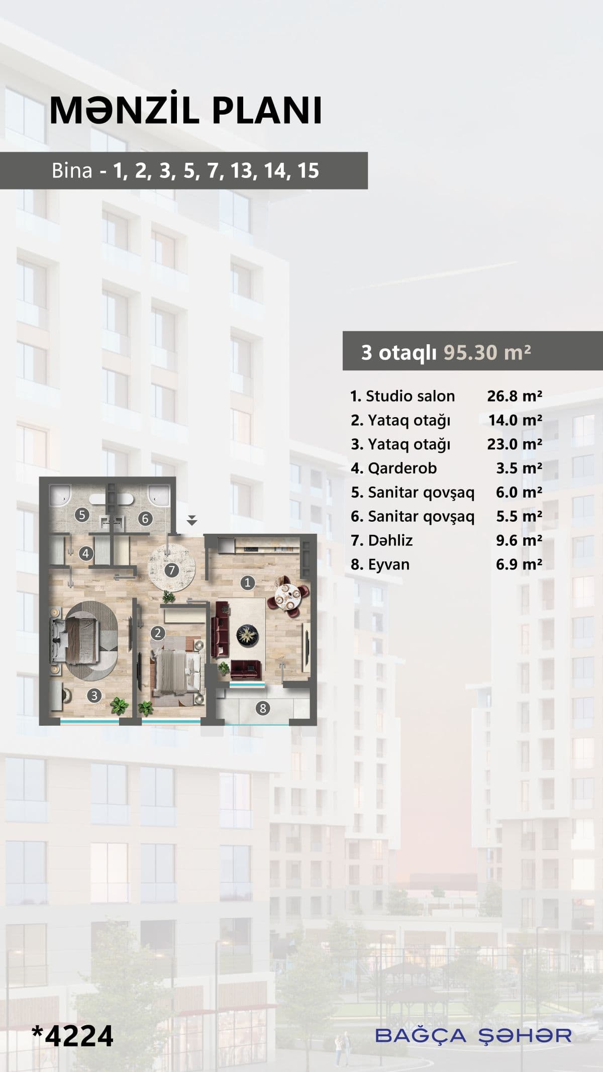 95.30 kvm, 3 otaqlı mənzil - 2