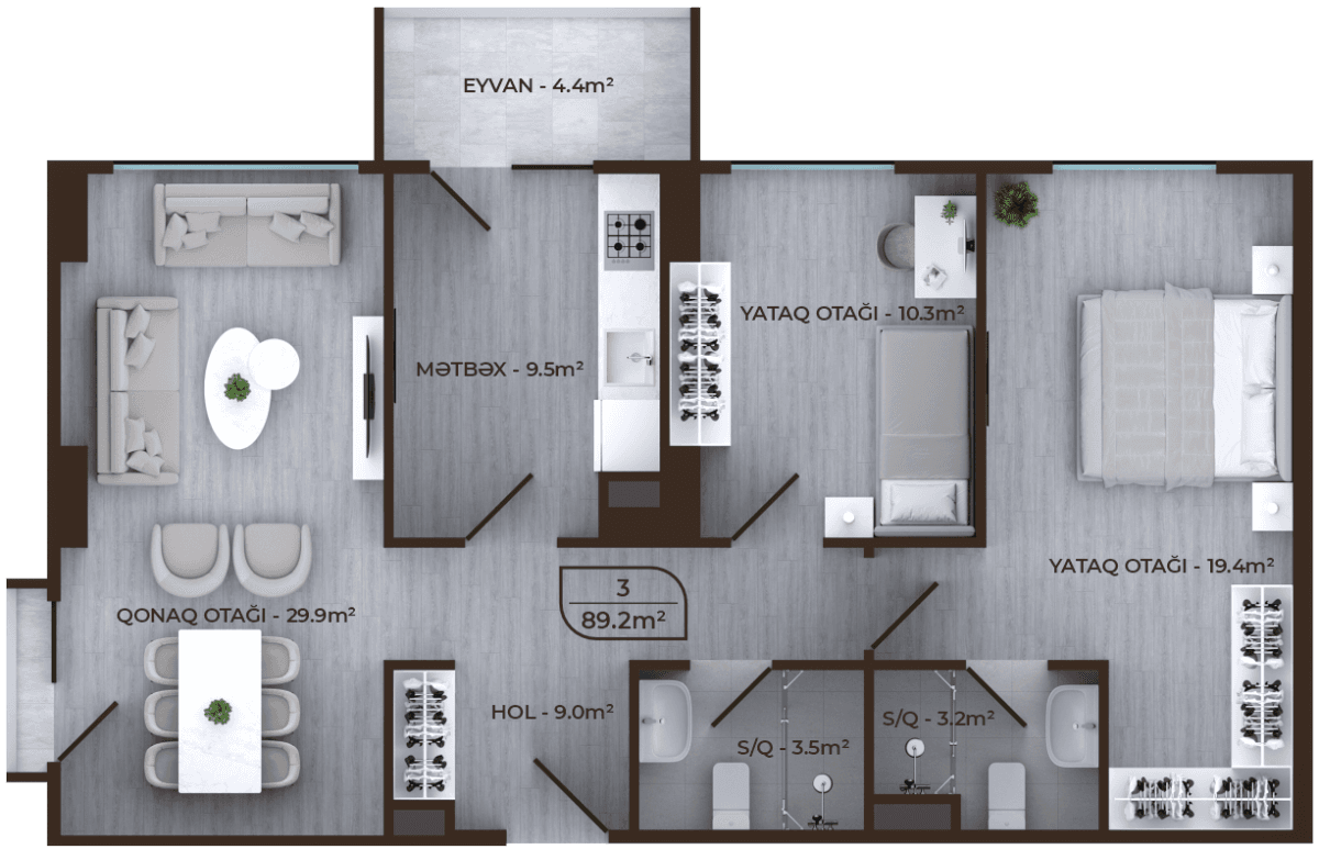 Mayak Residence 3 rooms, 89.20 sq.m.