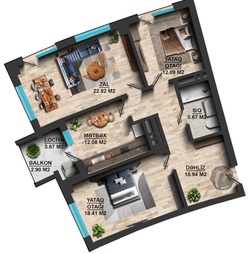 3 rooms, 93.58 sq.m.