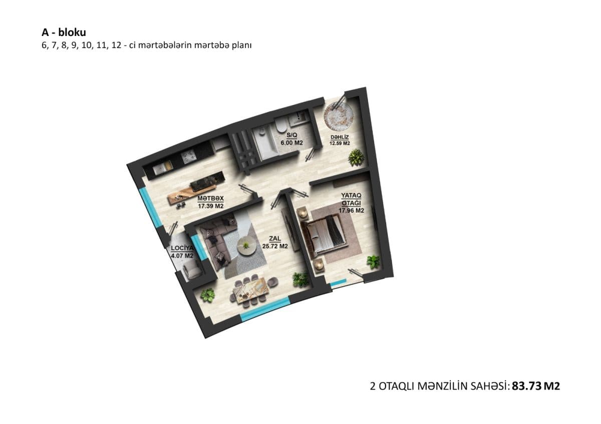 2 rooms, 83.73 sq.m.