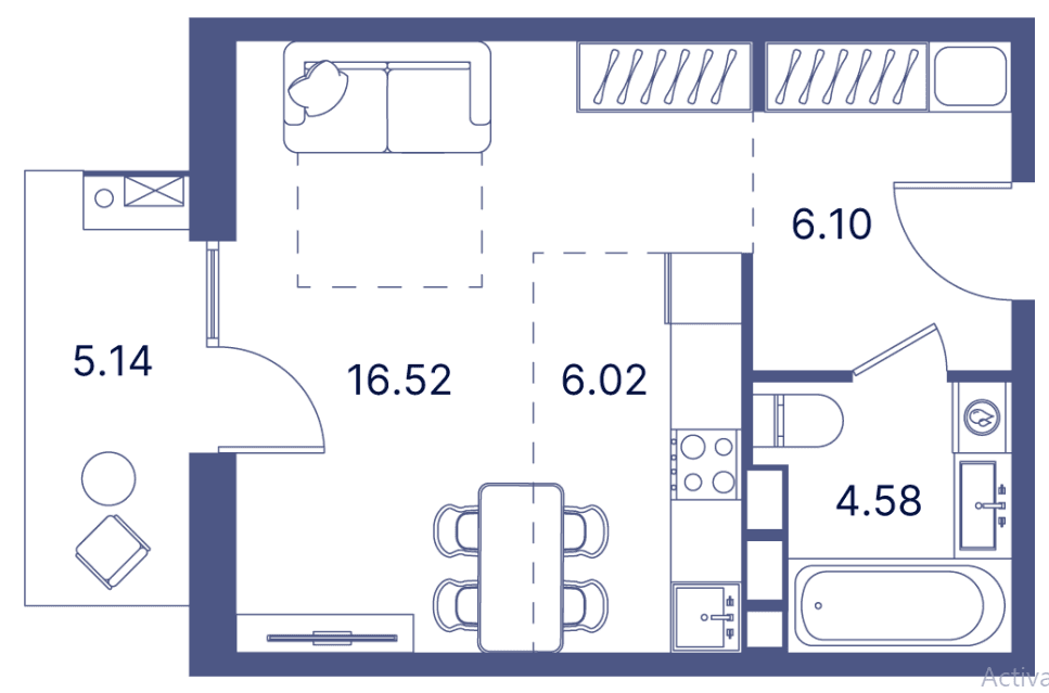 44.71 kvm, 1 otaqlı studio mənzil