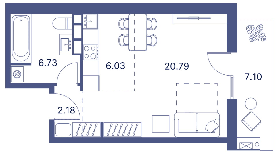 49.64 kvm, 1 otaqlı studio mənzil