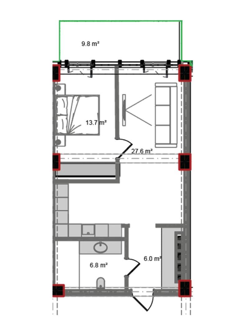 76.4 kvm, 2 otaqlı mənzil