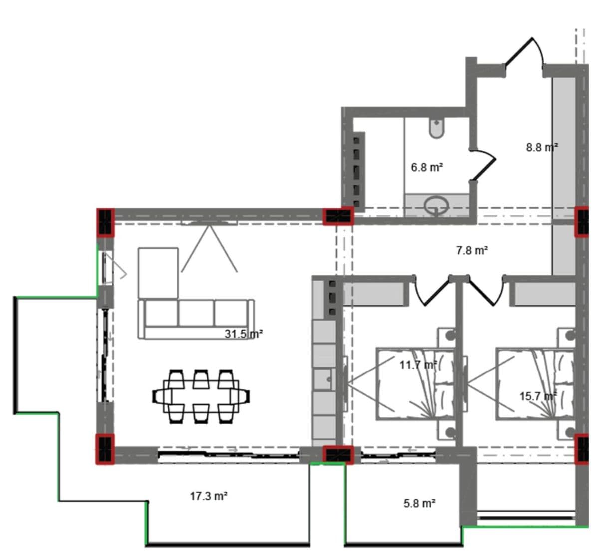 123.50 kvm, 3 otaqlı mənzil