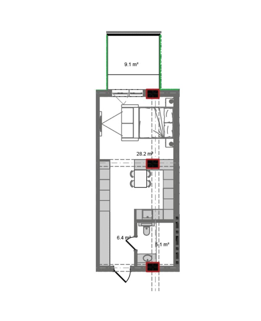 57 kvm, 1 otaqlı studio mənzil