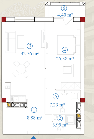 2 otaqlı mənzil, 82,6 kvm