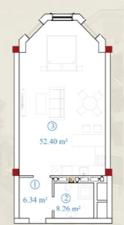 1 otaqlı studio mənzil, 67 kvm