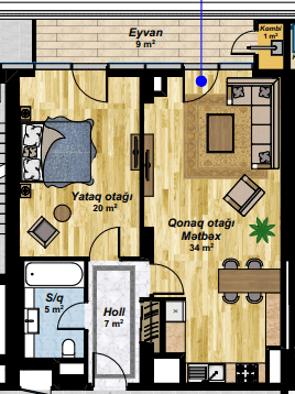 2 otaqlı studio mənzil, 79 kvm