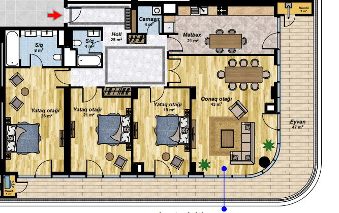 4 otaqlı mənzil, 230 kvm