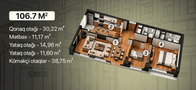106.7 kvm, 3 otaqlı mənzil