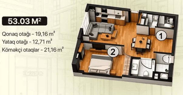 53.3 kvm, 2 otaqlı studio mənzil