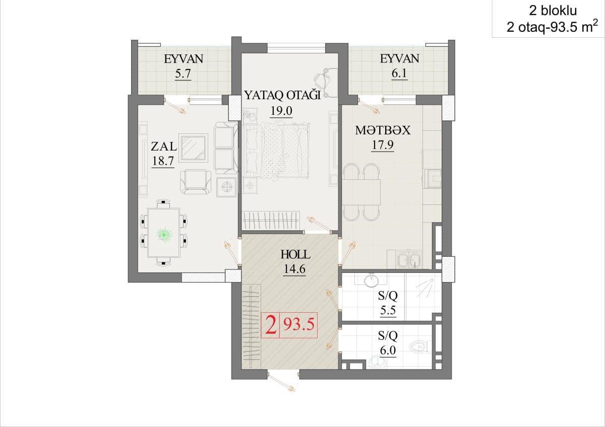 93.5 kvm, 2 otaqlı mənzil - ikibloklu bina - 2