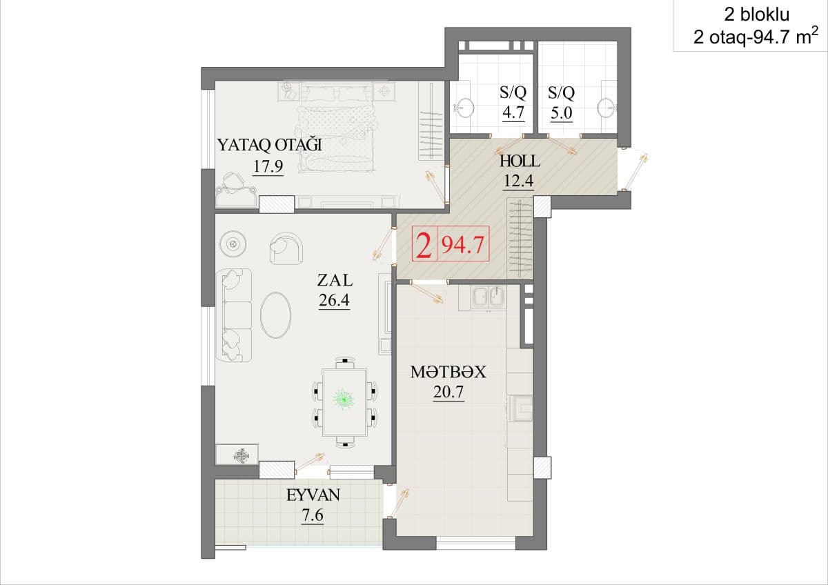94.7 kvm, 2 otaqlı mənzil - ikibloklu bina - 2