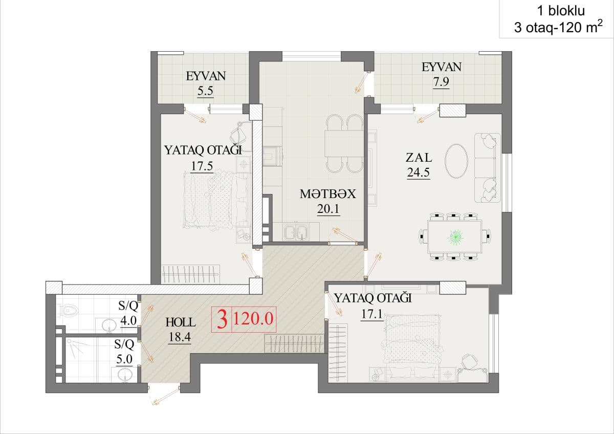120 kvm, 3 otaqlı mənzil - birbloklu bina - 2
