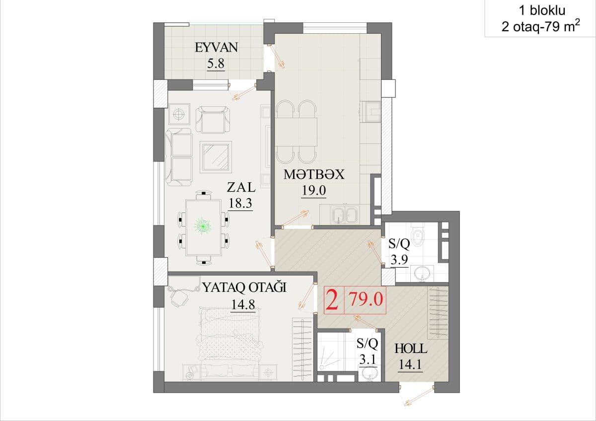 79 kvm, 2 otaqlı mənzil - birbloklu bina - 2
