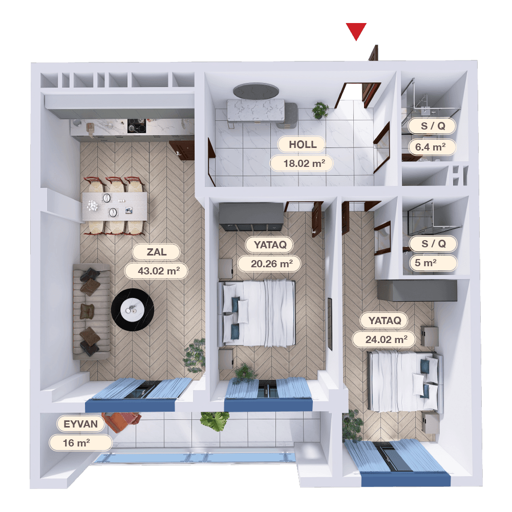 3 otaqlı mənzil,  132.72 kvm - 2