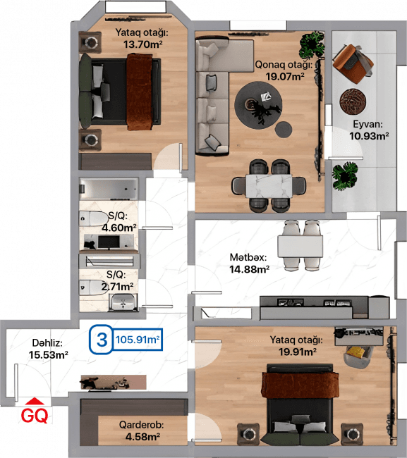 Blue City, 3 otaqlı menzil, 105.91 kvm, bina 1A, 1B, 1C, 1D, 1E, 1F, 1G, 1H, 1I, 1J, 1K