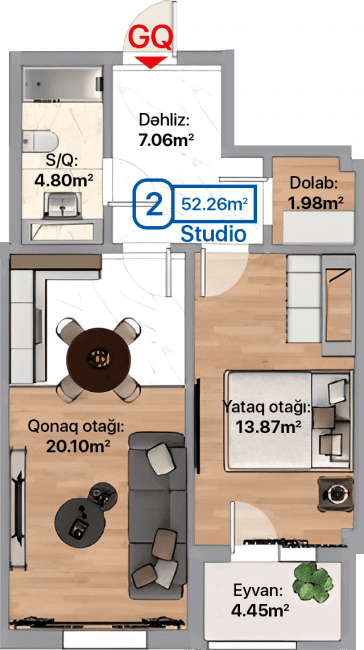 Blue City, 2 otaqlı studio, 52.26 kvm, bina 2A, 2B