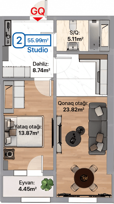 Blue City, 2 otaqlı studio, 55.99 kvm, bina 2A, 2B