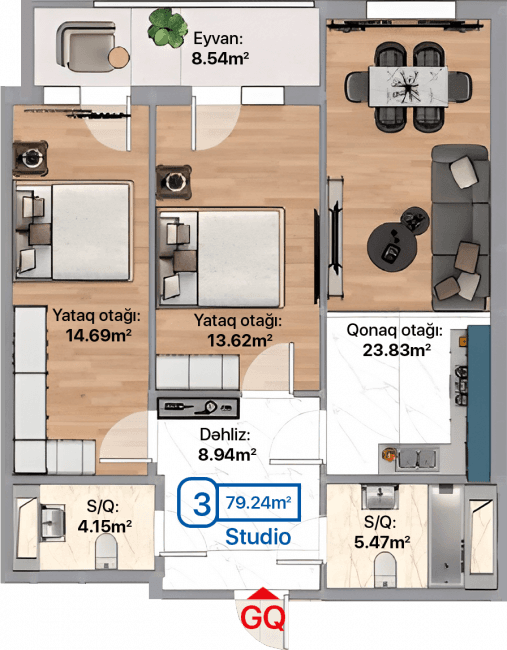 Blue City, 3 otaqlı studio, 79.24 kvm, bina 2A, 2B - 2