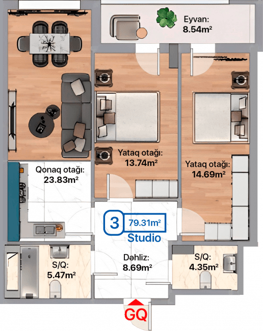 Blue City, 3 otaqlı studio, 79.31 kvm, bina 2A, 2B - 2