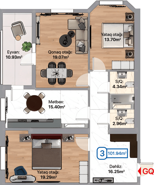 Blue City, 3 otaqlı mənzil, 101.94 kvm, bina 2A, 2B - 2