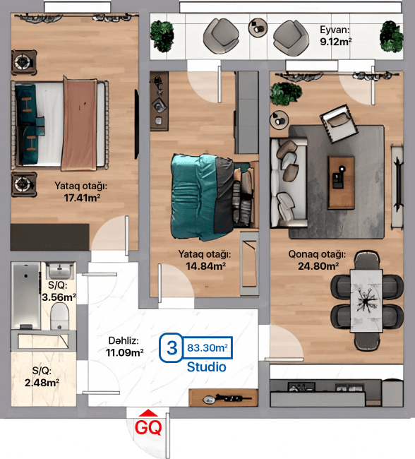 Blue City, 3 otaqlı studio, 83.30 kvm, bina 3A, 3C, 3F - 2