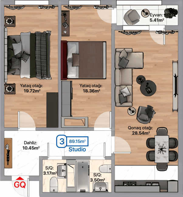 Blue City, 3 otaqlı studio, 89.15 kvm, bina 3A, 3C, 3F - 2