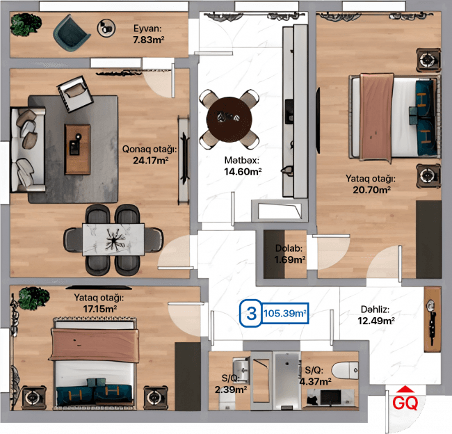 Blue City, 3 otaqlı mənzil, 105.39 kvm, bina 3A, 3C, 3F - 2