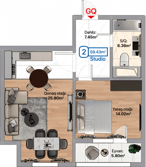 Blue City, 2 otaqlı studio, 59.43 kvm, bina 3A, 3C, 3F - 2