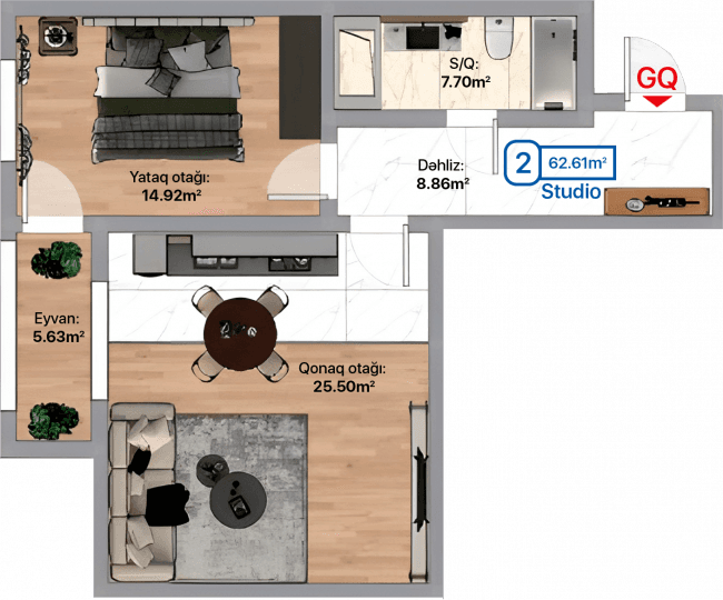 Blue City, 2 otaqlı studio, 62.61 kvm, bina 3A, 3C, 3F - 2