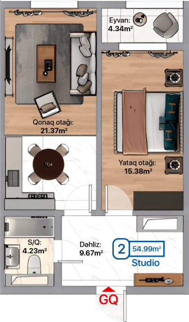 Blue City, 2 otaqlı studio, 54.99 kvm, bina 3B, 3D, 3E - 1