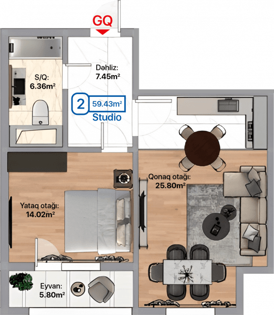 Blue City, 2 otaqlı studio, 59.43 kvm, bina 3B, 3D, 3E - 2